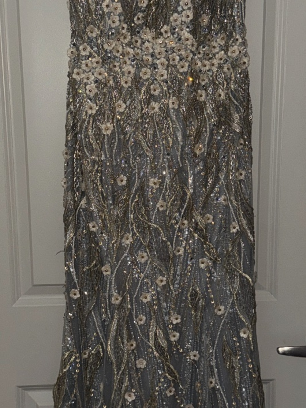Terani Couture Silver and Gold Embellished Floral Prom Gown